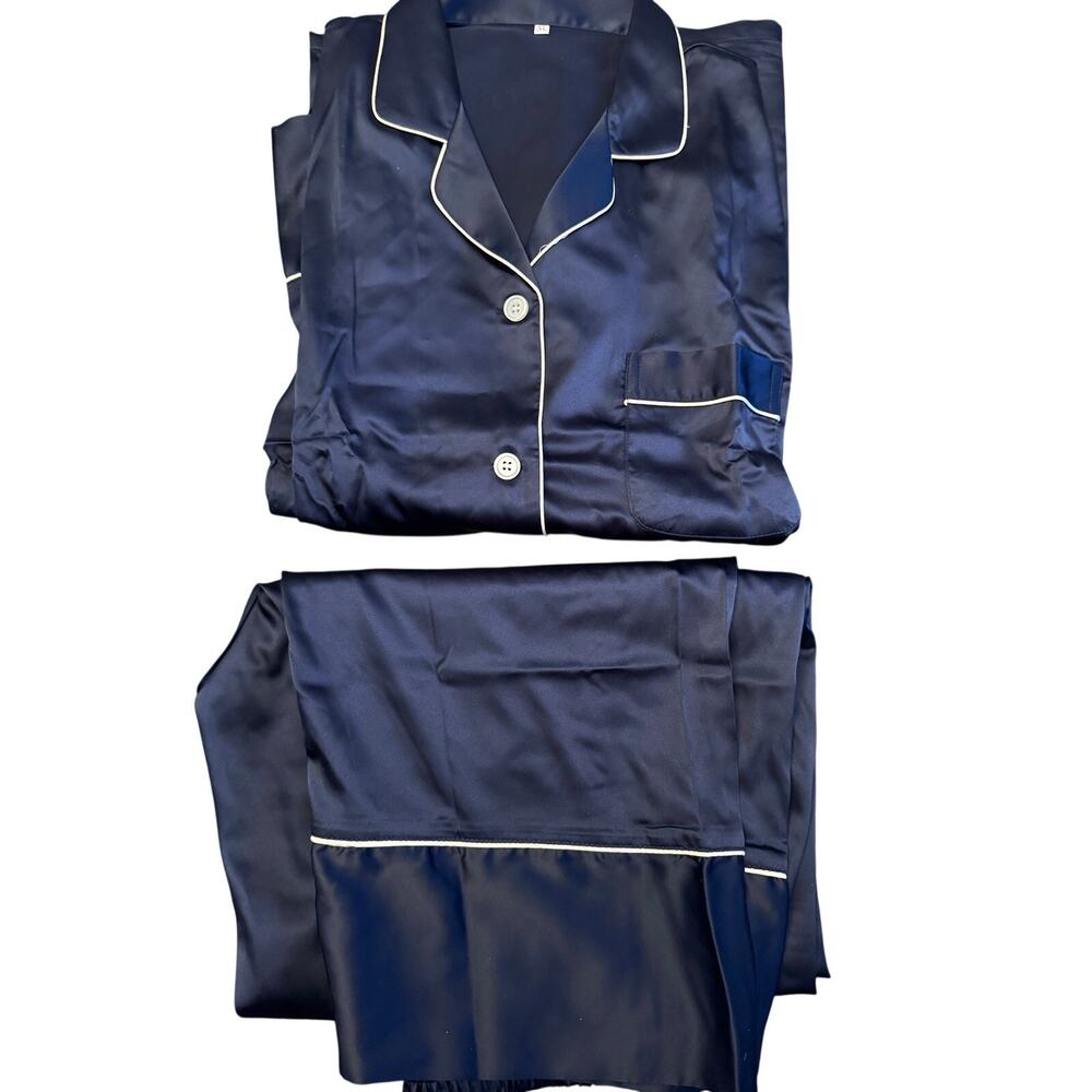 Women 2 Piece Lapel Satin Silk PJ XL Trousers Shirt Nightwear Navy Blue NEW